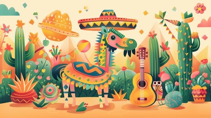 Lively Mexican Celebration Scene with Pinata, Sombrero, Maracas, Guitar, Cactus. Child Birthday Elements. Vector Illustration.