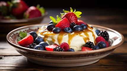 bowl of creamy yogurt with a swirl of honey and a medley of mixed berries