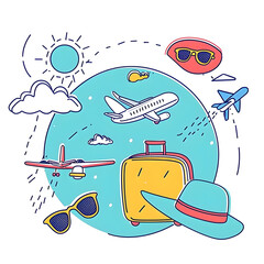 Summer holiday background with hat, plane, suitcase and copy space..