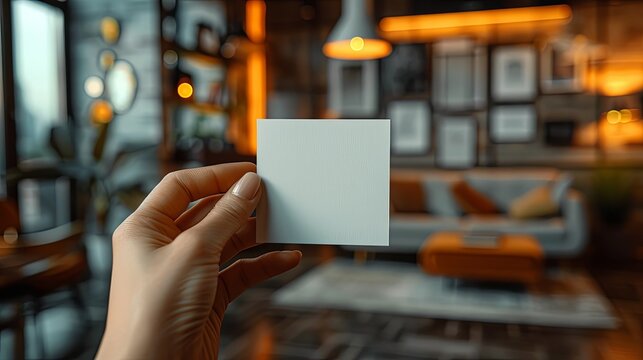 A hand holding a blank business card in front of a blurred background of a living room.