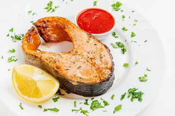 grilled salmon with tomato sauce - 787805375