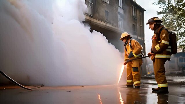 Firefighters or firemen in firefighting equipment, Firefighters use fire extinguishers and spray water from hoses for firefighting
