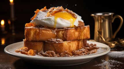 classic French toast with a golden-brown crust, powdered sugar, and a side of poached eggs - obrazy, fototapety, plakaty