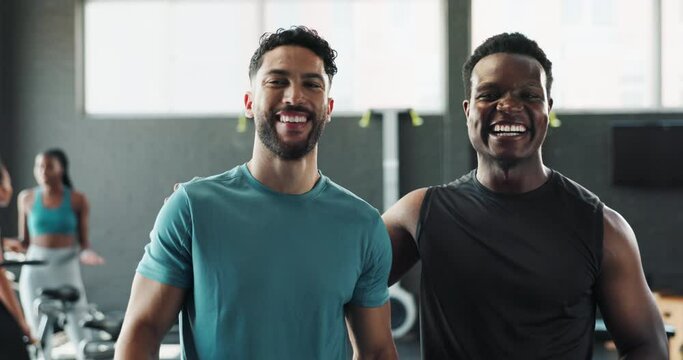 Fist bump, fitness and face of men in gym for training, exercise and cardio workout together. Happy, friends and portrait of people with hand gesture to greet with wellness, healthy body and sports