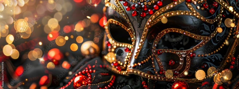 Poster A close up of a mask with red and gold decorations. Generative AI.