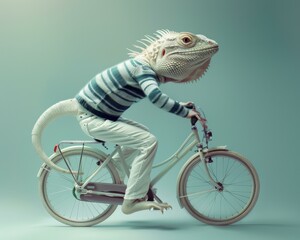 A lizard riding a bicycle with a human on the back. Generative AI.
