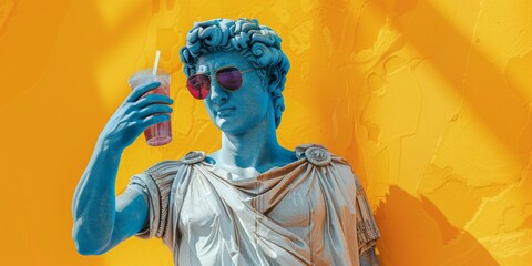 A cool statue of a man in sunglasses holding a drink. Generative AI.