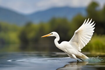 White egret in flight over water, in nature background Generative AI