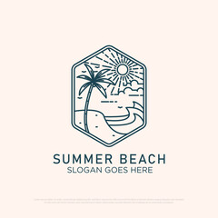 sunset Beach logo design with line art simple vector minimalist illustration template