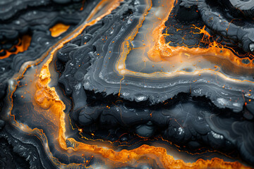Close up of black and orange molten surface natural wallpaper background