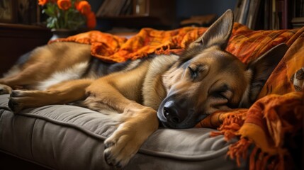 German Shepherd peacefully asleep on a plush and cozy sofa