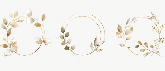 three gold leaves and branches are arranged in a circle - obrazy, fototapety, plakaty