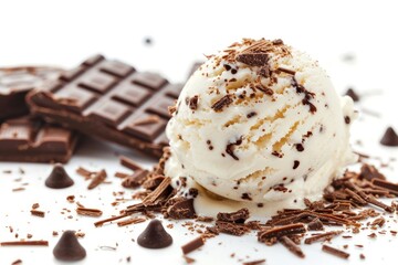 Vanilla ice cream with chocolate cookies, crispy rice and chocolate glaze on a white isolated background. toning. selective focus . photo on white isolated background
