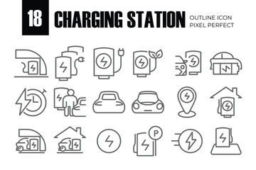 Car Charging Station Related Vector Line Icons. Contains such Icons as Electric socket station, Car plugged to charge, Battery and more. Editable Stroke