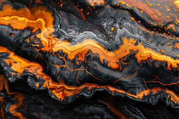 Close-up of black and orange geological surface, molten lava natural wallpaper background