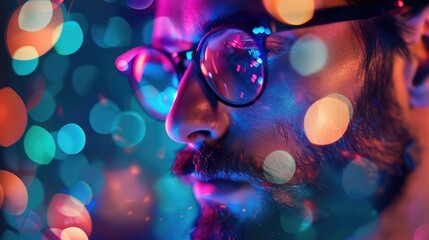 Close-up of a pensive bearded man with glasses reflecting an array of colorful bokeh lights from an unseen digital source. - obrazy, fototapety, plakaty