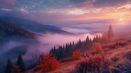 cold fog in the rural valley of Carpathian mountain range with sun and moon at twilight. trees with colorful foliage on the hillside meadow in morning light.