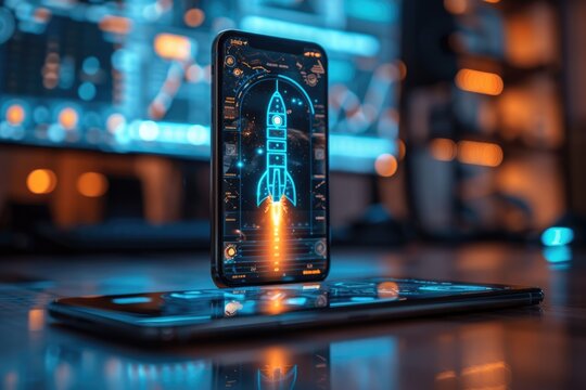 Smartphone displaying rocket launch, holographic projection, futuristic technology, neon lights, blurred city background, reflective surface, digital art, sci-fi aesthetics, - Powered by Adobe