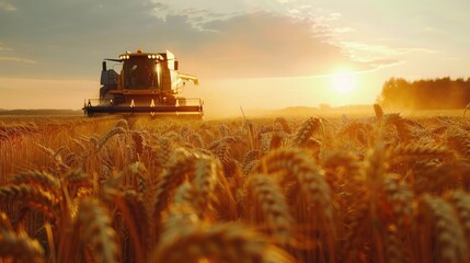 Combine harvester agriculture machine harvesting golden ripe wheat field - obrazy, fototapety, plakaty