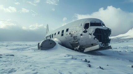 Crashed airplane wreck in the snow