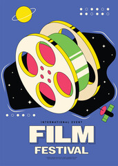 Movie festival poster template design with film reel modern vintage retro style.