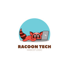 cute racoon cartoon mascot logo design illustration concept in front laptop tired animal illustration icon flat style