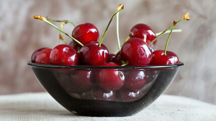 A glass bowl filled with cherries, a delicious and natural fruit, sits on a table. Cherries are a staple food and popular ingredient in many cuisines and recipes