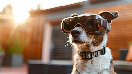 dog with with vision virtual reality sunglass solid background - obrazy, fototapety, plakaty