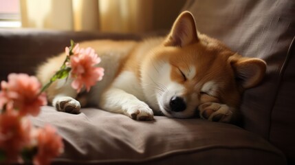 Shiba Inu dog peacefully asleep on a plush and cozy sofa