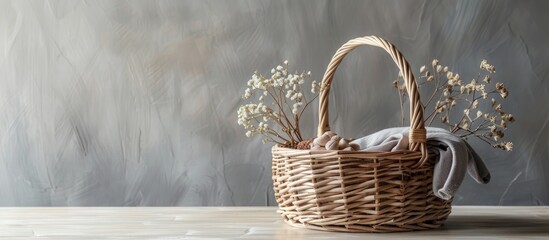 Gift basket displayed against a gray backdrop. - obrazy, fototapety, plakaty