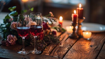 Fototapeta na wymiar The scene for a romantic evening with a photo capturing the ambiance of a dinner table adorned with a bouquet of flowers, two glasses of red wine and flickering candles on a wooden table
