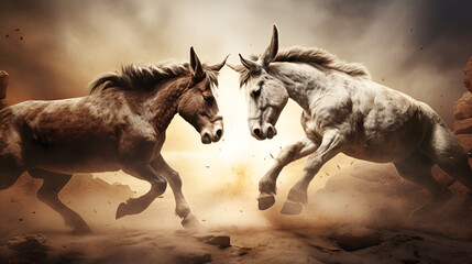 horse in the desert battle with strength intense aggression with blurred background