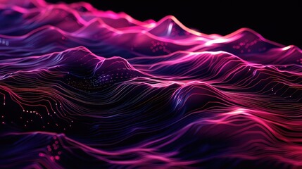 Dynamic 3D rendering featuring neon waves in a dark space, forming an energetic and futuristic...