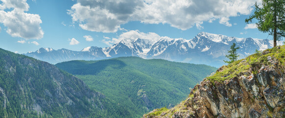 Mountain landscape, forest and snow-capped peaks, panoramic view	 - obrazy, fototapety, plakaty