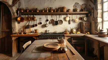 Actual rustic kitchen with utensils for cooking table at the foreground