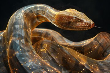  rendering of a snake on a black background with glowing particles - obrazy, fototapety, plakaty
