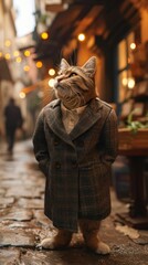 Sleek cat struts with feline grace in a tailored ensemble, embodying street style. The realistic urban backdrop captures the essence of chic sophistication, blending whiskered charm with contemporary  - obrazy, fototapety, plakaty