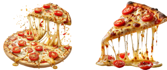 Set of delicious tasty a slice of pizza with lots of melted cheese and tomatoes, various kinds of toppings, dripping on the bottom. isolated on transparent background.