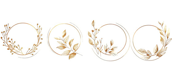 three gold frames with leaves and branches on them - obrazy, fototapety, plakaty