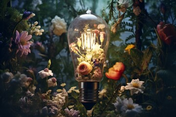Retro light bulb with flowers in garden,  Vintage filtered image - obrazy, fototapety, plakaty
