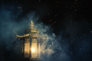 Lantern in the temple at night with beautiful light and smoke