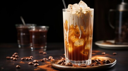 tall glass of iced coffee with a swirl of condensed milk and coconut water ice cubes - obrazy, fototapety, plakaty