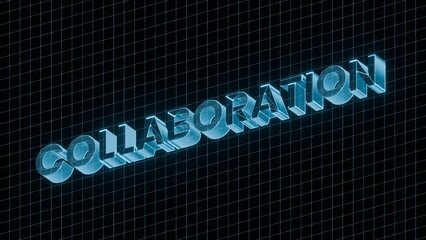 3D-rendered "COLLABORATION" text emerges against a futuristic grid background with glitch effects. It transforms into a blue glowing holographic effect with flashing animation, futuristic technology. - Powered by Adobe