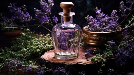 Obraz na płótnie Canvas stylish perfume bottle amidst bundles of thyme and sage