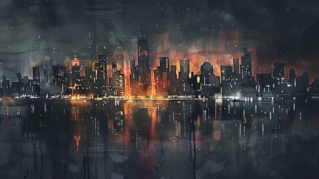Watercolor painting of a big city along the river at night. Use for wallpaper, posters, postcards, brochures.