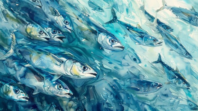 Mackerel has a forked tail and finely scaled skin. The body is silver and shiny. The body is slender and
 round like a cylinder. Watercolor painting. 