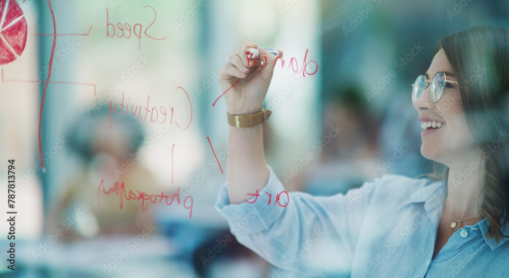 Poster University, woman and professor writing on glass board, education and teaching with knowledge. Lecture, people and class with marker and lesson with ideas and college with development and explain