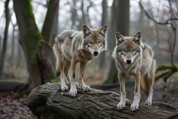 Naklejka na ściany i meble Two wolves standing on a log in a forest, looking at the camera