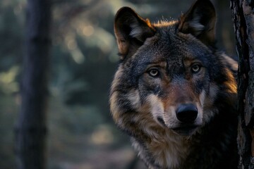 Portrait of a wolf in the forest,  Wild animals in nature