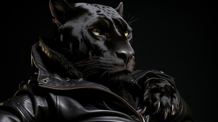 Visualize a suave panther in a tailored leather trench coat, accessorized with a platinum chain necklace and leather gloves. Against a backdrop of urban nightlife, it exudes mysterious allure and soph